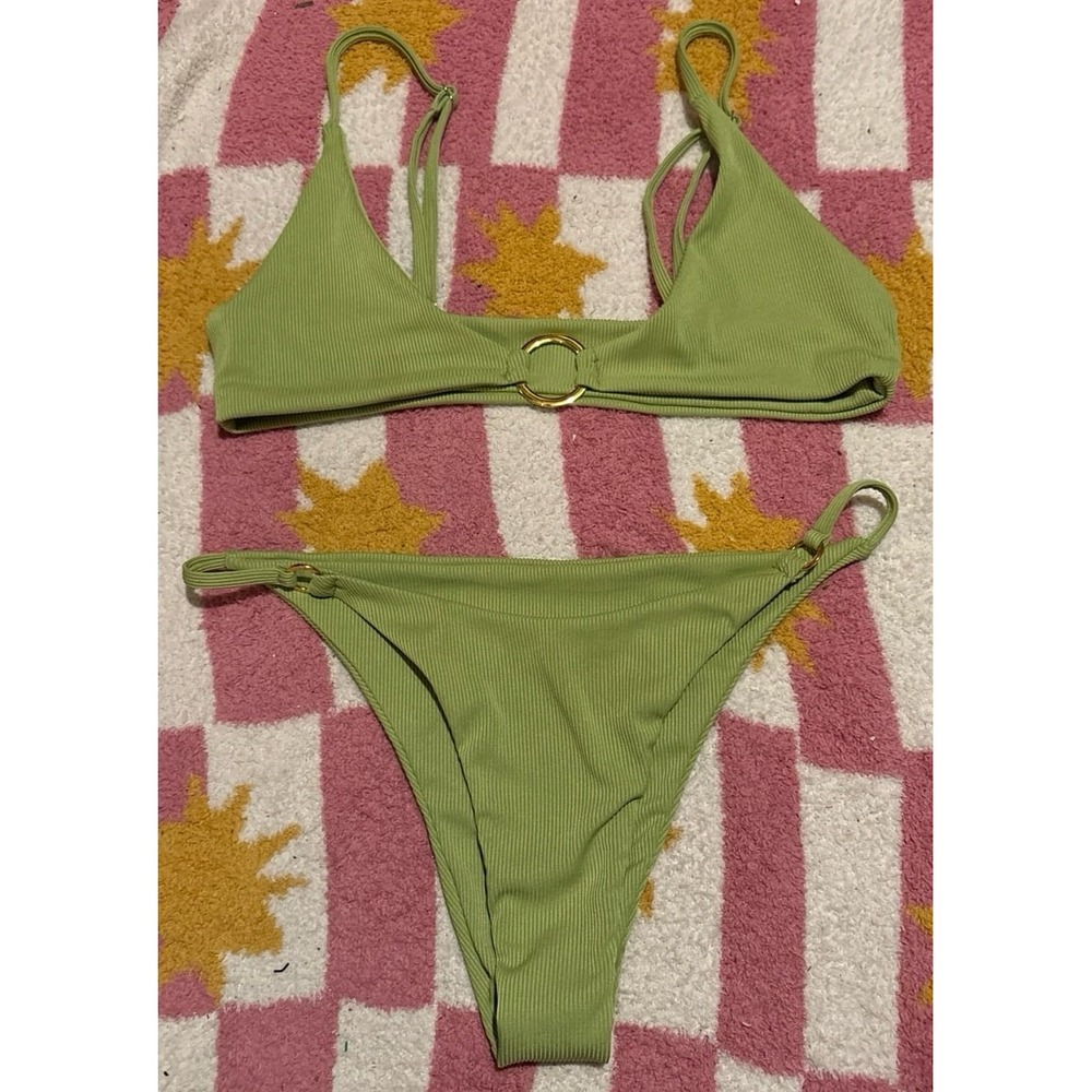Women's Ribbed Green O Ring Detail 2pc‎ Swimsuit Bikini, Medium